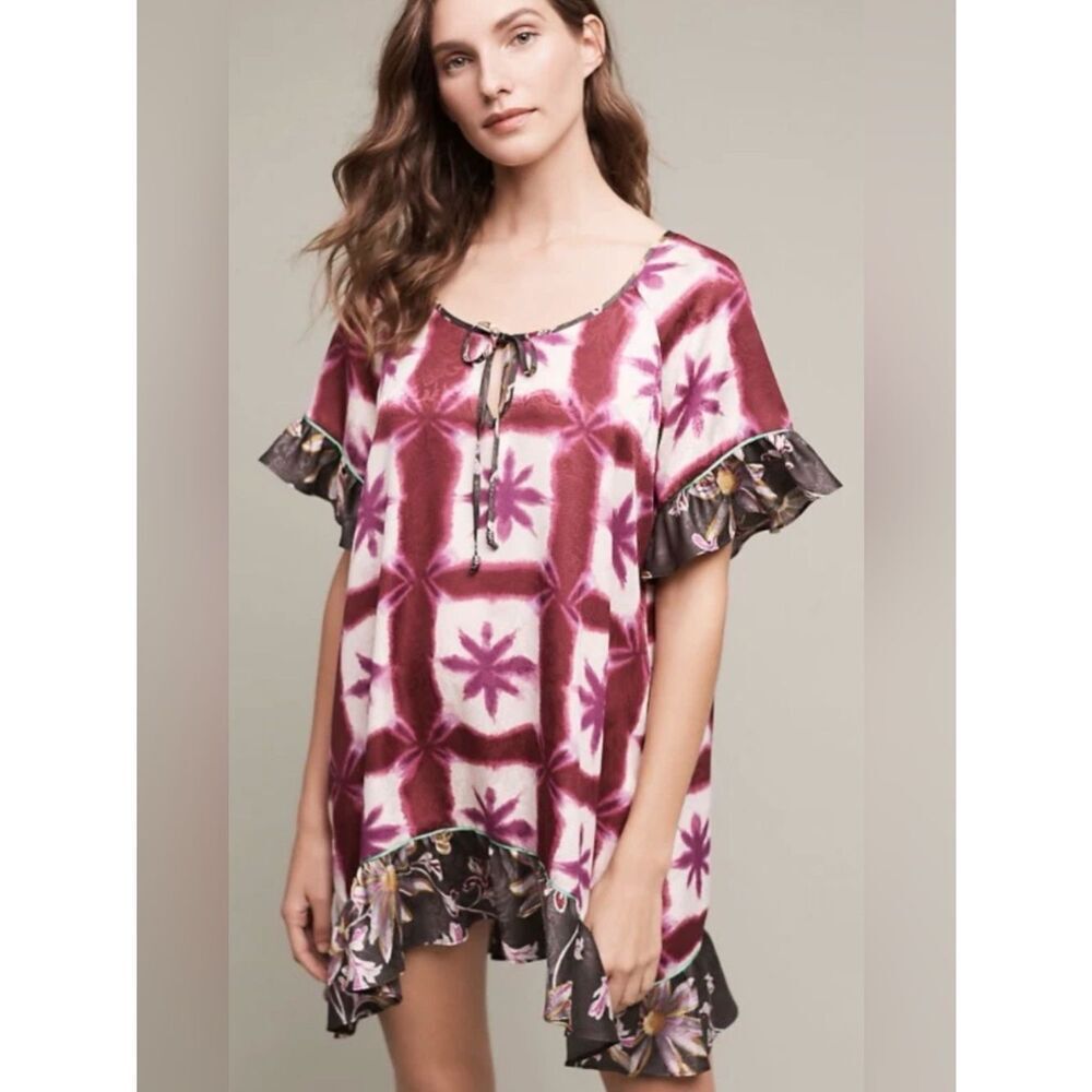 Anthropologie Eloise Shibori Blooms Satin Chemise Mini Dress Beach Coverup Sz M